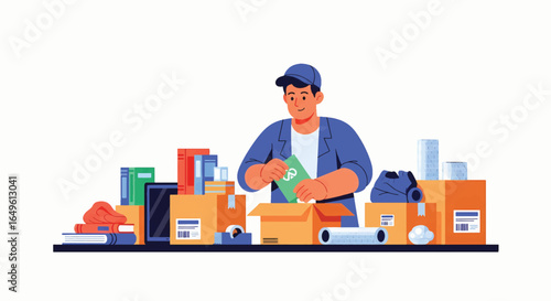 Efficient moving services packing boxes with care, professional mover organizing goods, delivery service ensuring safe transport, vector art