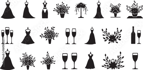 Silhouette set of Event planning and wedding icons with wedding rings, floral arrangements, event calendars, and champagne glasses