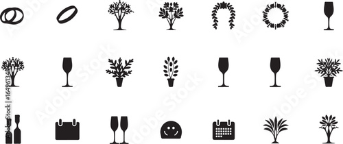Silhouette set of Event planning and wedding icons with wedding rings, floral arrangements, event calendars, and champagne glasses