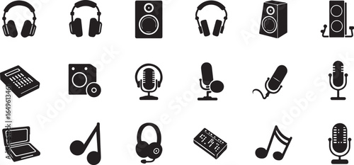 Silhouette set of Music and audio production icons with headphones, speakers, mixing consoles, and microphones, clean minimal vector style