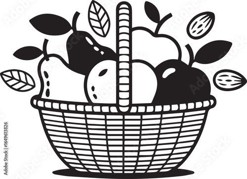 Black and white illustration of a fruit basket filled with apples pears and almonds leaves