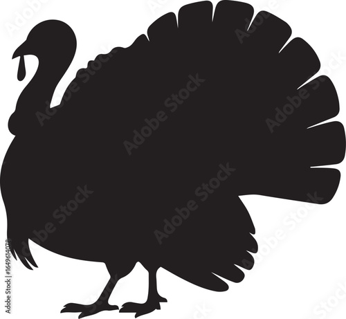 Black silhouette of a turkey with fanned tail feathers bird white