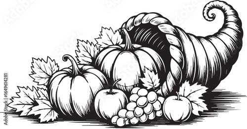 Cornucopia overflowing with pumpkins apples and grapes surrounded by autumn leaves harvest
