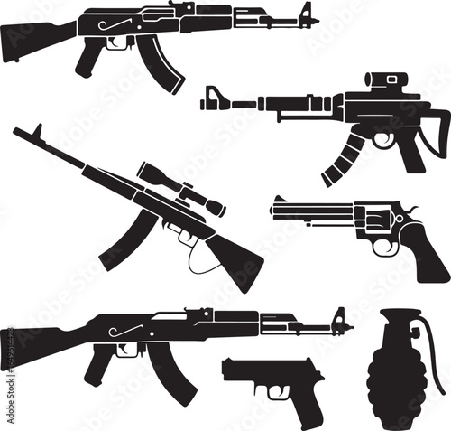 Group of black firearm silhouettes including rifles, pistol, and hand grenade weapon