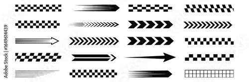 A collection of black and white speed lines and chevron patterns resembling a racing flag, with various styles and directions, symbolizing motion and speed.