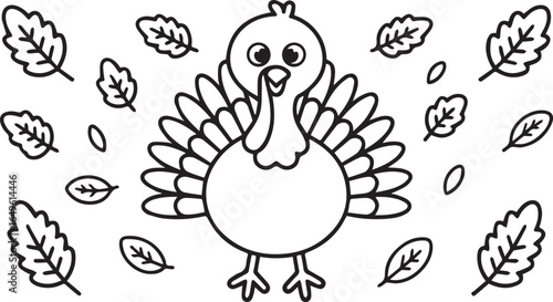 Whimsical turkey and autumnal leaves illustration bird fall