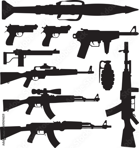 Assortment of Firearms Including Rifles Pistols Grenade and Rocket Launcher Silhouettes handgun