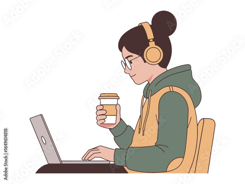 Modern student working on laptop with coffee and headphones vector