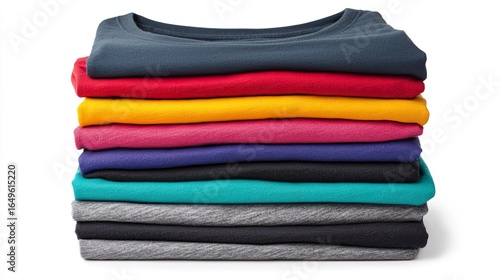 Stack of neatly folded colorful t-shirts, isolated on a pure white background, retail,