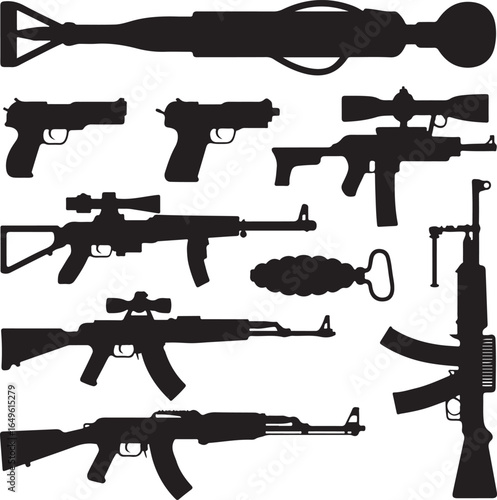 Assorted Black Silhouettes of Firearms Including Rocket Launcher and Grenades rifle pistol