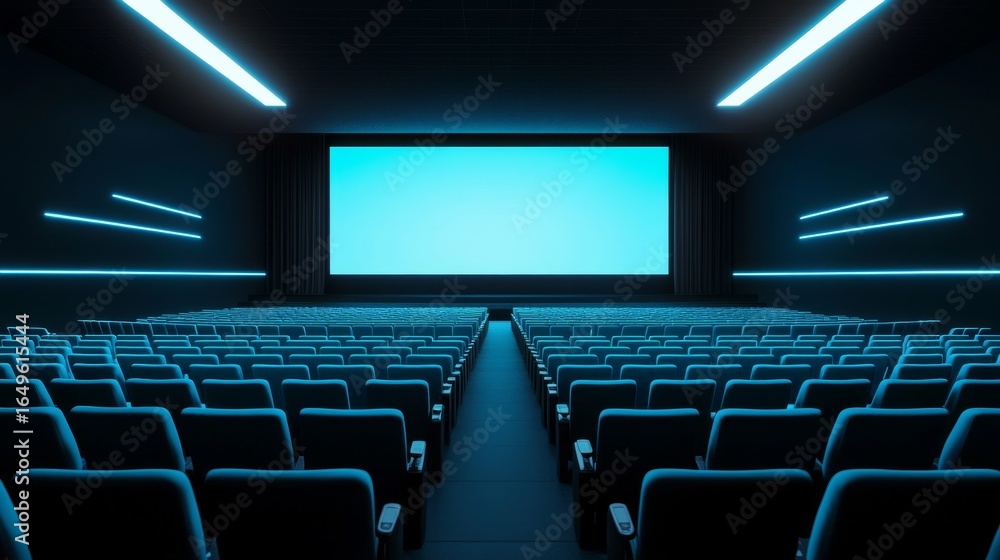 Naklejka premium Empty Cinema Hall with Blue Seats and Screen, Movie ,Theater