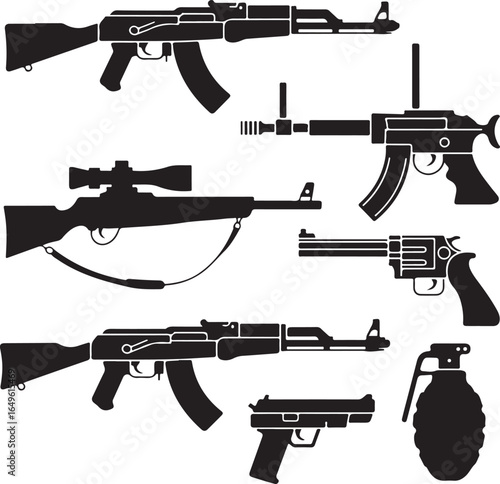 Assorted Black Silhouettes of Firearms Including Grenade and Sniper Rifle pistol handgun