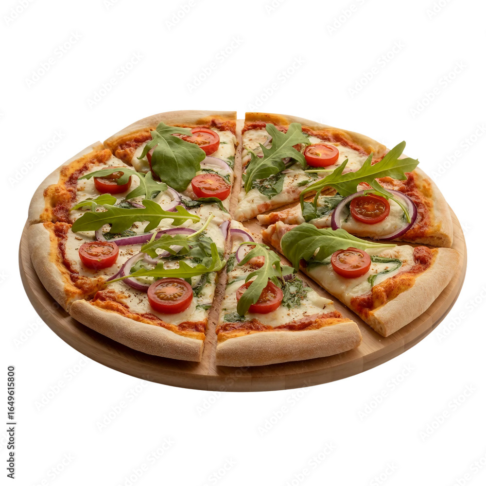 Delicious gourmet Italian pizzas with ham, pepperoni, and fresh vegetables on a baked crust with mozzarella cheese Delicious gourmet Italian pizzas with ham, pepperoni, and fresh vegetables on a baked crust with mozzarella cheese