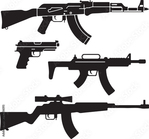 Silhouettes of assault rifles pistol and sniper rifle with scope Keywords: firearm, gun, weapon