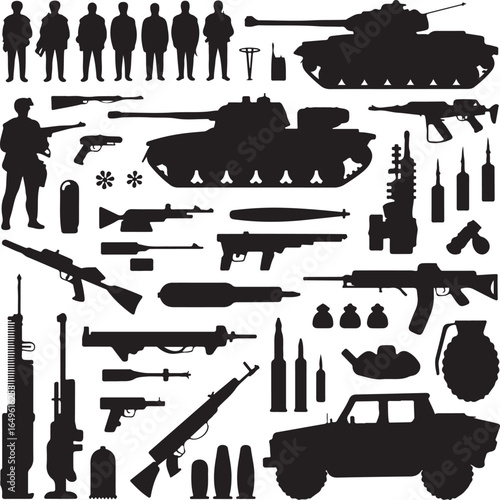 Military equipment and personnel silhouettes including tanks guns and soldiers Keywords: military