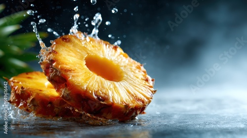 This vibrant image features fresh pineapple slices splashing in water, highlighting the juicy texture and tropical feel, perfect for food and drink themes.
