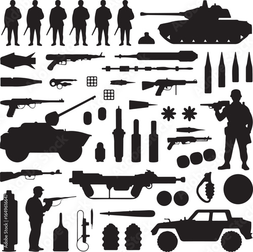 Collection of military and weapon silhouettes including soldiers tanks guns and ammo vector illustration
