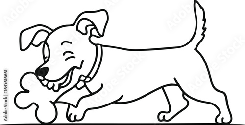 black and white line art illustration of a dog happily chewing a bone, minimal style, clean thin lines, uniform size, isolated on white background
