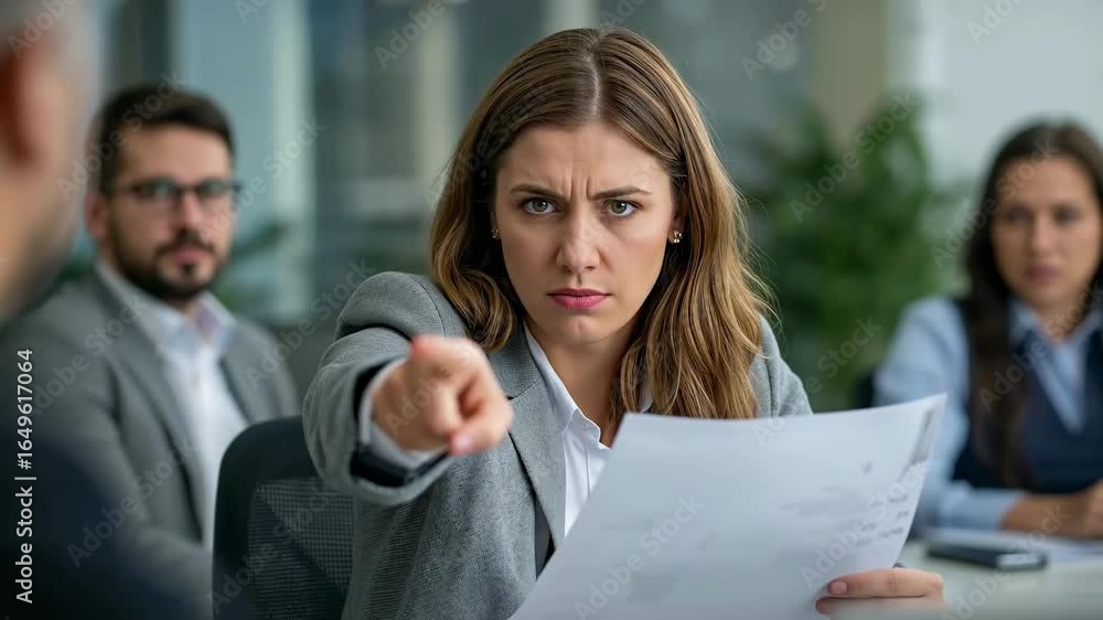 Furious Businesswoman Pointing Accusatorily During a Corporate Meeting, Expressing Anger and Displeasure in a Professional Office Setting Furious Businesswoman Pointing Accusatorily During a Corporate Meeting, Expressing Anger and Displeasure in a Professional Office Setting