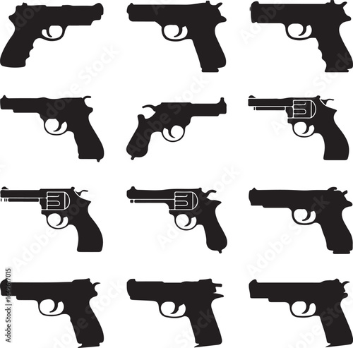 Collection of twelve black pistol and revolver silhouettes on a white background handgun firearm