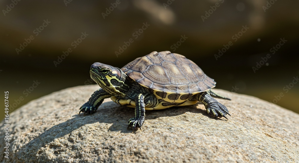Obraz premium 小さな亀 太陽光浴び 温かく岩の上で休息. AI Generated