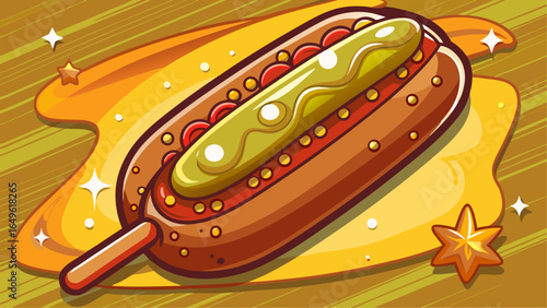 Cartoon corndog with glossy mustard, ketchup and toppings on a stick over a glowing yellow background with stars