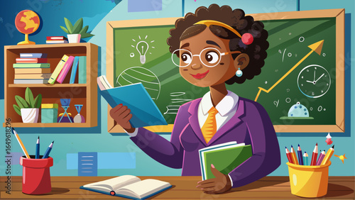Cartoon teacher with glasses holding books in a colorful classroom with a chalkboard, pencils, and bookshelves