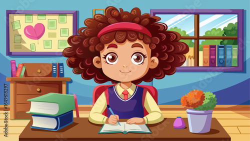 Cartoon schoolgirl with curly hair and headband writing in a notebook at her desk in a cozy classroom with books and plants