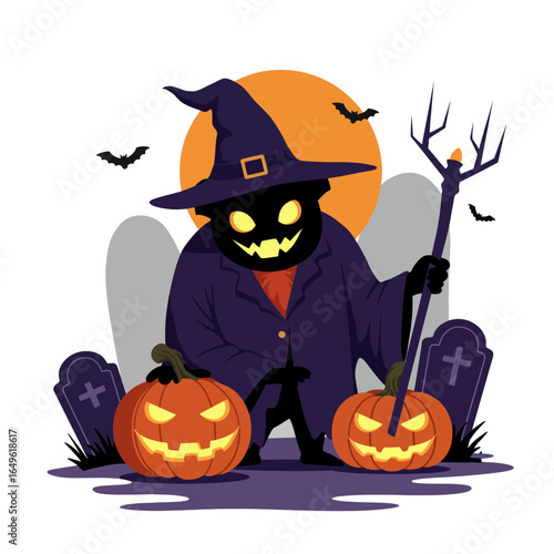 Spooky Halloween scarecrow character in a purple robe and witch hat standing among glowing jackolanterns and tombstones in a graveyard.