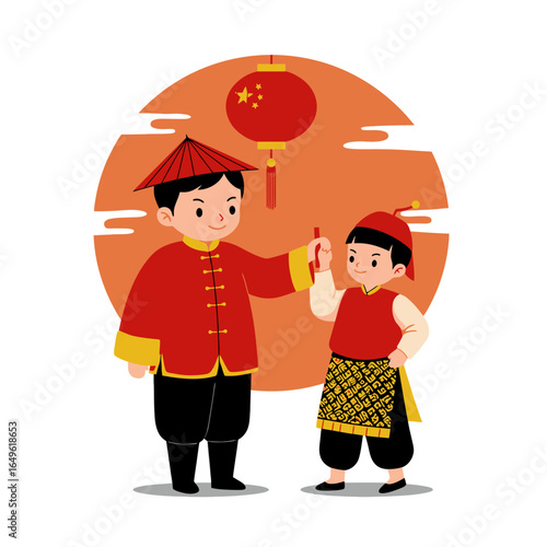 Two smiling boys in traditional Chinese and Malay attire celebrating a festival with a red lantern.