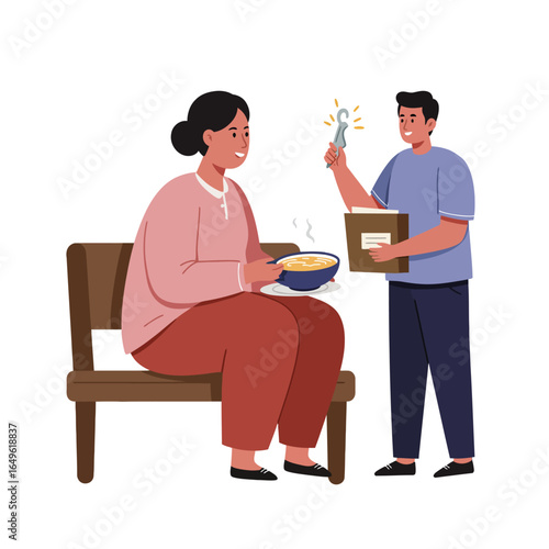 A kind man offers a glowing key to a woman sitting on a bench with a bowl of soup.