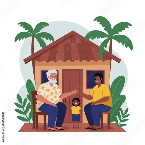 A happy threegeneration family with a grandfather father and young daughter interacting warmly in a flat illustration style.