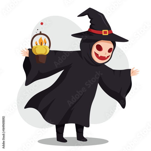 A smiling cartoon character in a black witch costume with a fanged mask holding a pumpkin lantern.