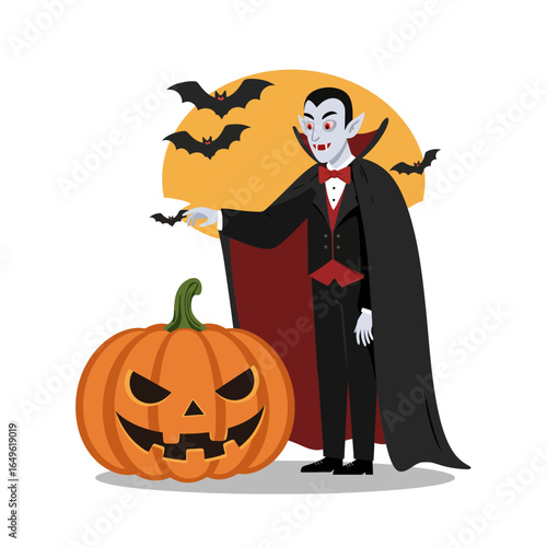 Classic cartoon vampire in a black cape standing with a spooky Jackolantern and bats.