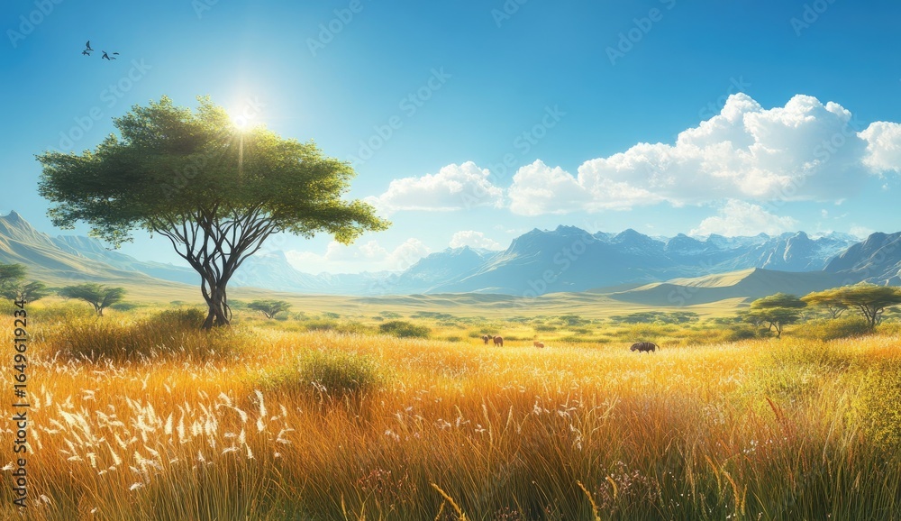 Fototapeta premium Sunny savanna landscape with acacia tree. Vast golden grasslands stretching to distant mountains. Bright sunlight highlights a lone acacia tree. A few grazing animals are visible in the distance. 