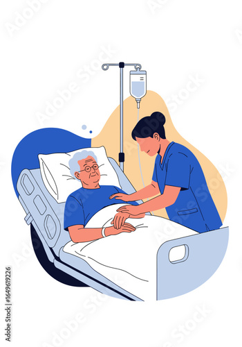 Caring for elderly patient in hospital bed with iv drip by nurse in blue uniform