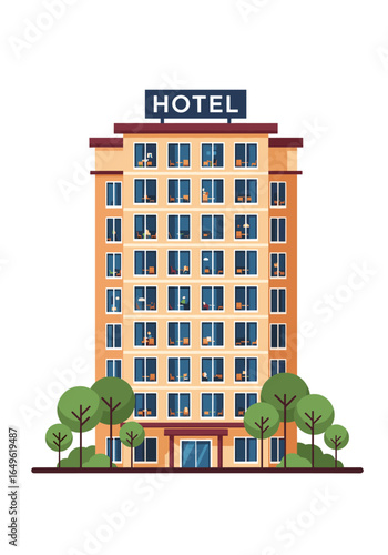Tall modern hotel building surrounded by green trees and bushes on a white background
