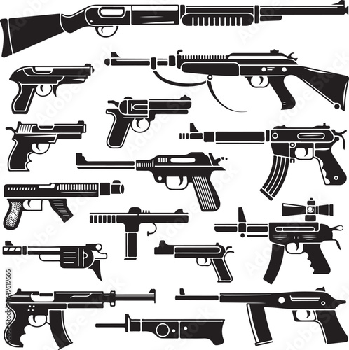 Assortment of firearms and handguns in black silhouette style Keywords: shotgun, rifle, pistol