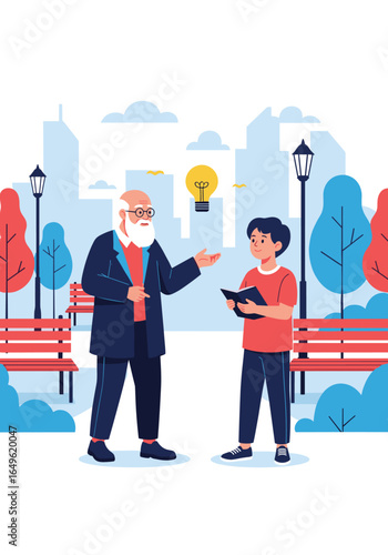 Elderly mentor shares wisdom and a bright idea with a young student in the park