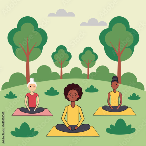 Diverse group practicing yoga in a park with trees and sky
