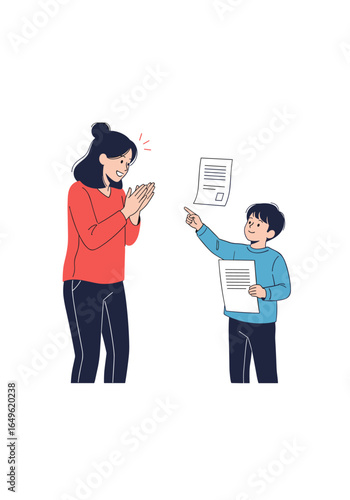 Child proudly presents schoolwork to smiling mother who applauds his achievement