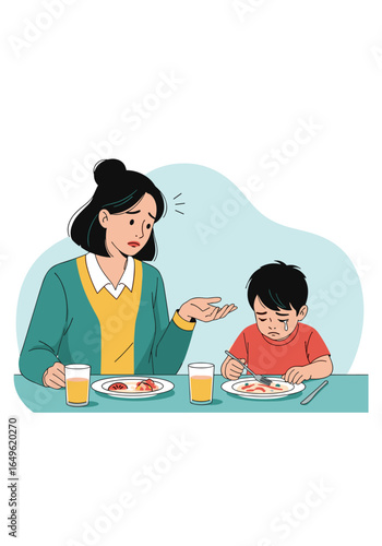 Mother frustrated with picky eater son at dinner time difficult mealtime challenges