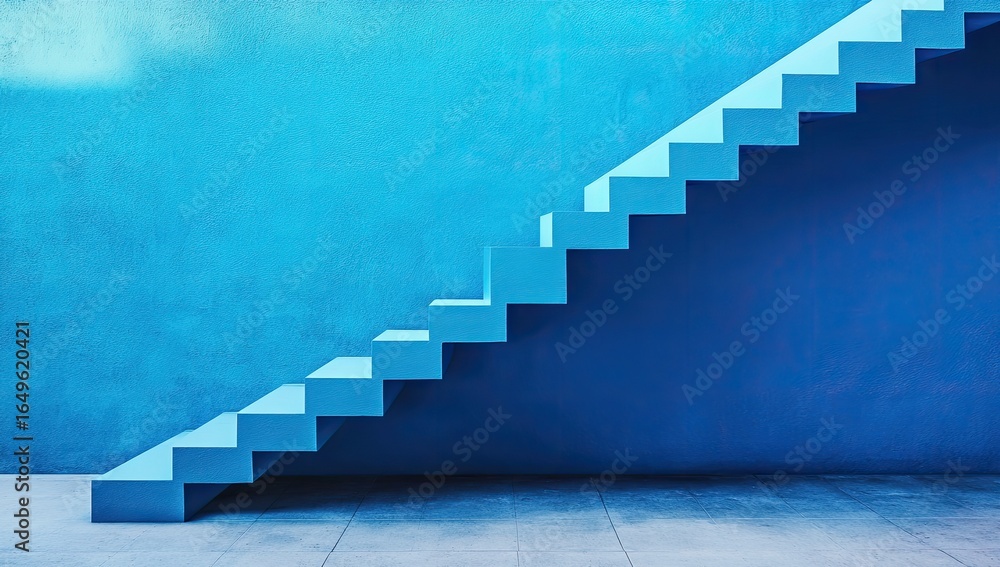 Fototapeta premium Light-blue steps ascend a textured, vibrant-blue wall
