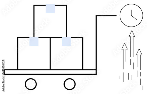 Cart carrying stacked boxes symbolizes speedy delivery with progress arrows and clock. Ideal for shipping, logistics, productivity, growth, innovation, management, efficiency. Simple flat metaphor
