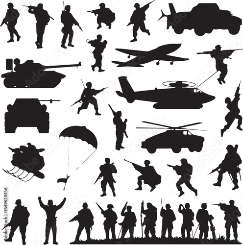 Silhouette Collection Of Military Soldiers Aircraft Tanks And Parachute army combat