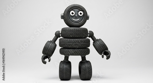 Friendly tire robot cheerfully poses against a neutral backdrop.. AI Generated