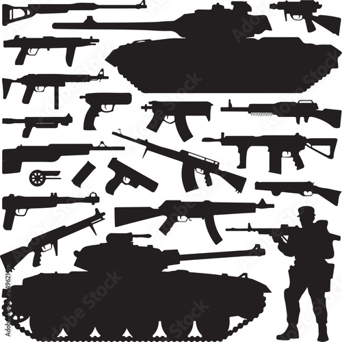 Silhouette collection of military weapons tanks and soldier on white background firearms