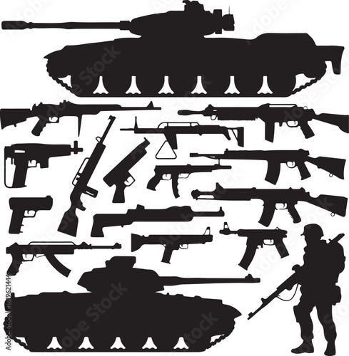 Silhouette collection of tanks military weapons and soldier on white background firearms