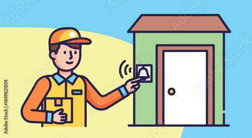 Delivery Person Rings Doorbell Holding Package with Friendly Expression.