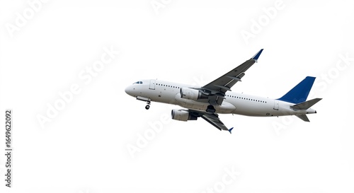 Airplane ascends sharply against bright white background. AI Generated